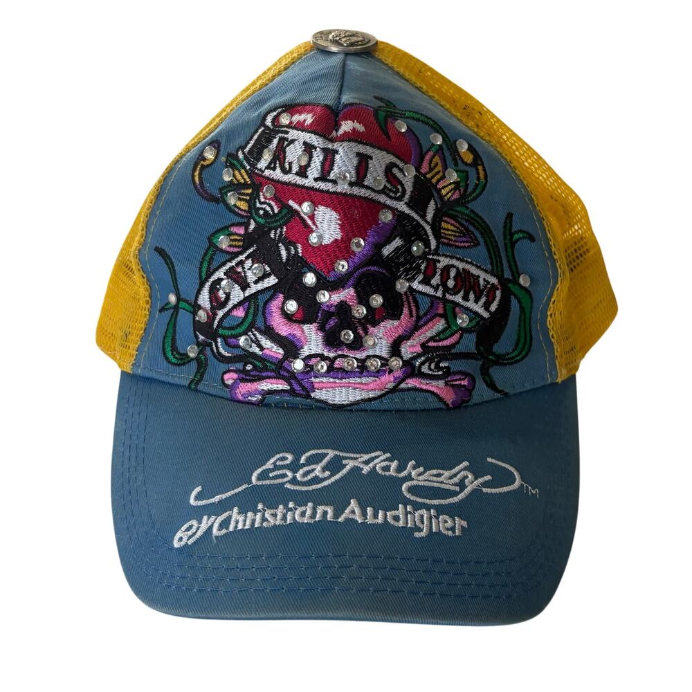 Ed Hardy by Christian Audigier Blue Trucker Hat SnapBack Cap Skull Heart Y2K